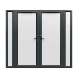 2390mm x 2090mm - Grey-on-White uPVC French Doors with Narrow Side Panels